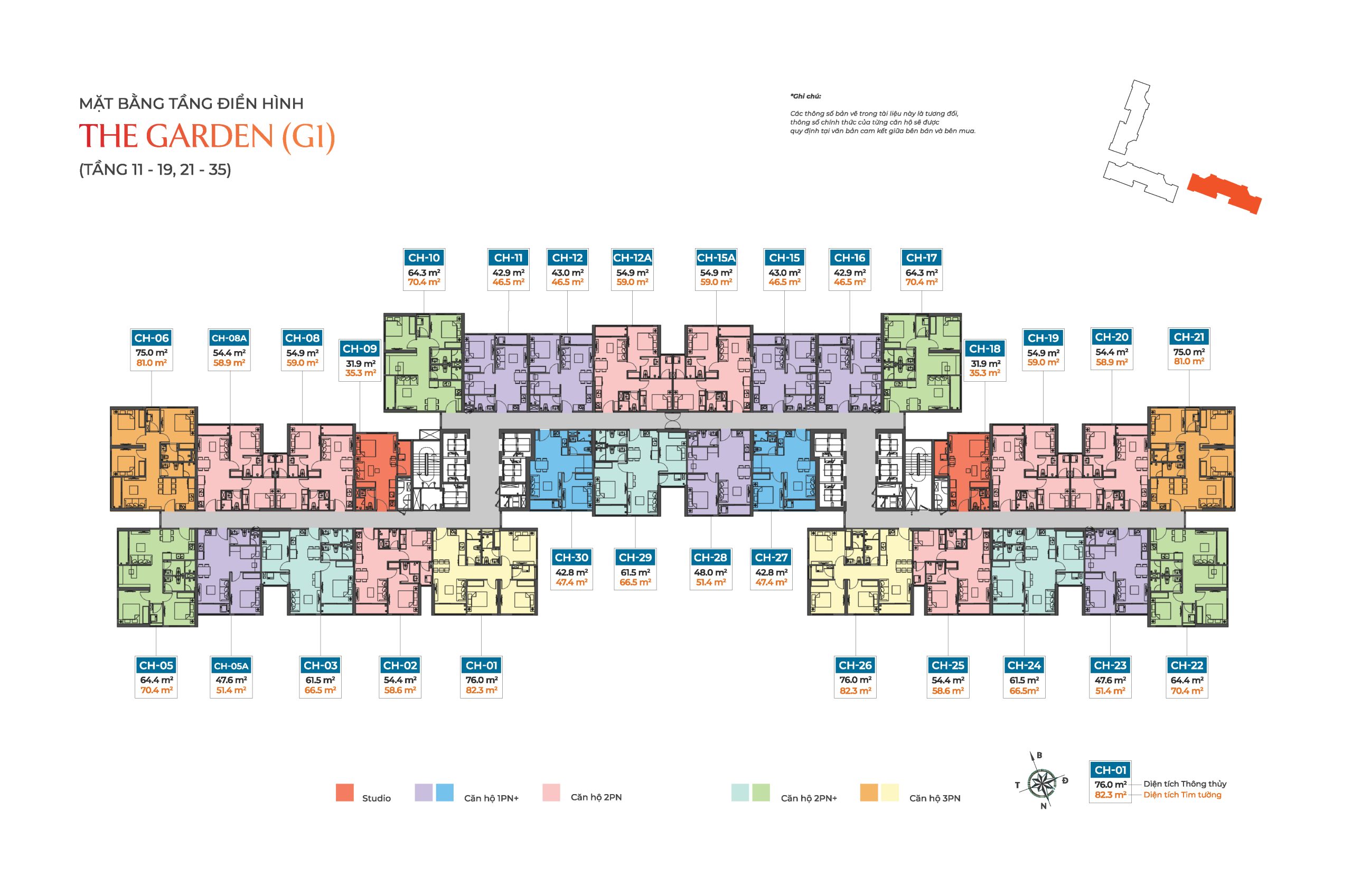 Mặt bằng tòa G1 tầng 11-19, 21-35
